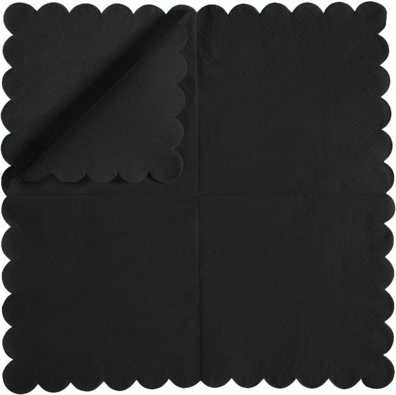 BEFORYOU 100 Pack Cocktail Napkin 2-Ply Scalloped Edged Dessert Napkins Folded 5 x 5 Inches Disposable Napkins for Dinner Wedding Birthday Party Bridal Anniversary Reception Event (Black) - Image 3